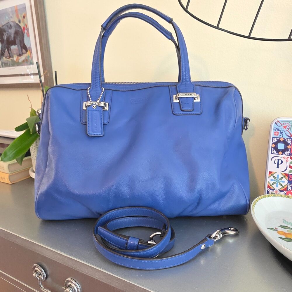 Coach Satchel Top Handle Shoulder Bag Leather Purple Blue Xtra Strap F25296 EUC - Picture 1 of 16